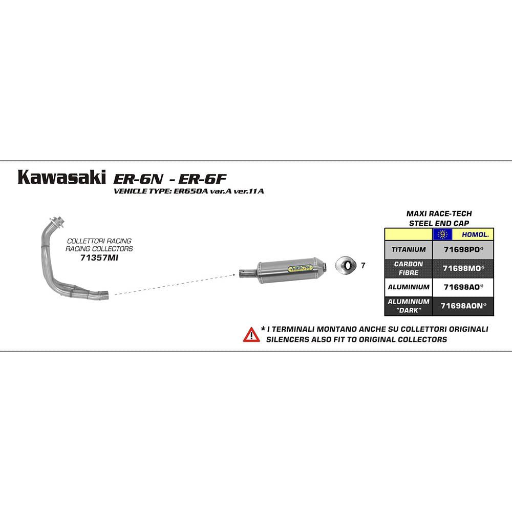 ARROW 71698AO Silencer :- MAXI RACE-TECH Aluminium Silver with Steel End Cap - KA ER-6F/N 05>11